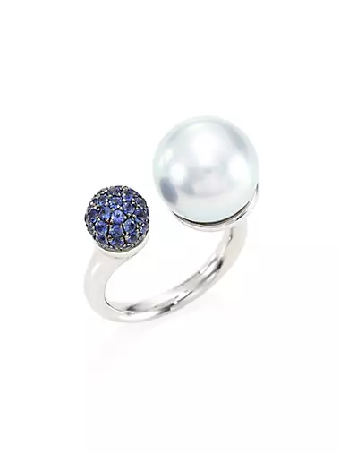 18K White Gold Pearl & Sapphire Ring