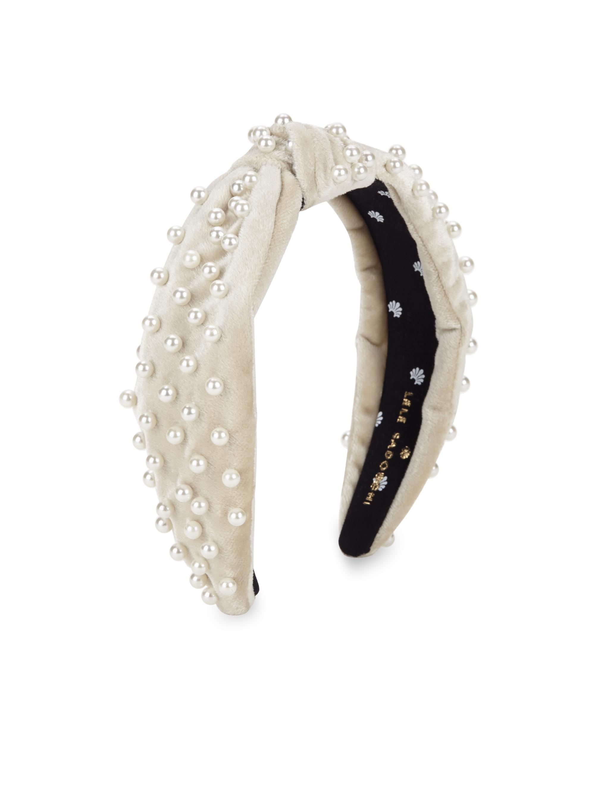 Lele Sadoughu white velvet headband with pearls Lele Sadoughi Embellished Velvet Double-Row Headband | Saks  main image 2