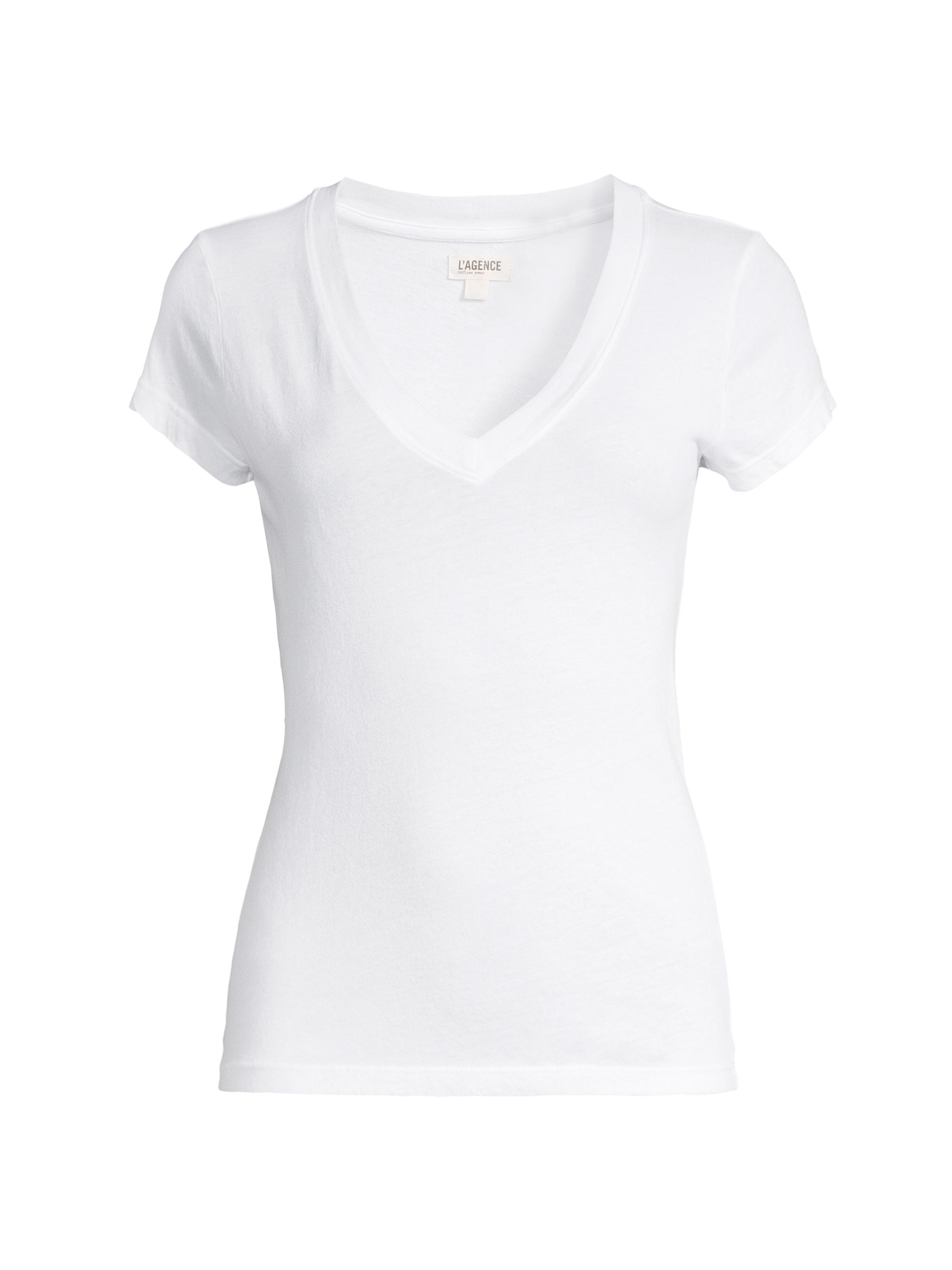L'AGENCE Women's Becca V-Neck Cotton Tee - Biscuit - side view in Biscuit