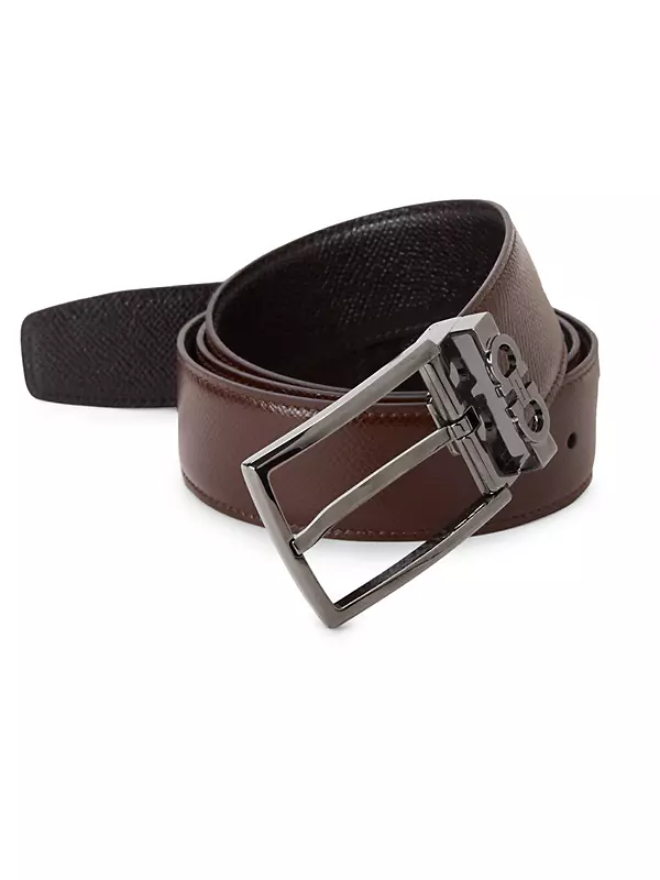 Salvatore Ferragamo Men's Gunmetal Gancini Logo Buckle Reversible Leather  Belt