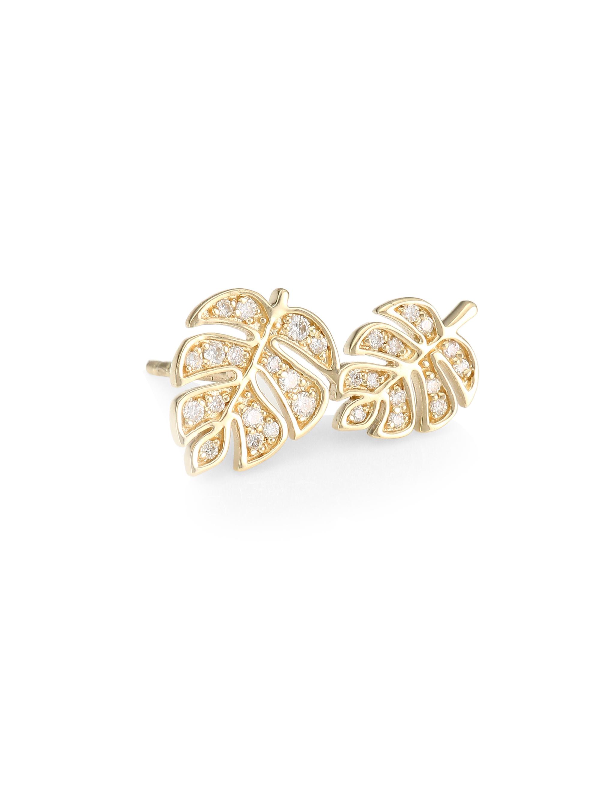 Sydney Evan Women's 14K Yellow Gold & Diamond Double Monstera Leaf Left Stud Earring