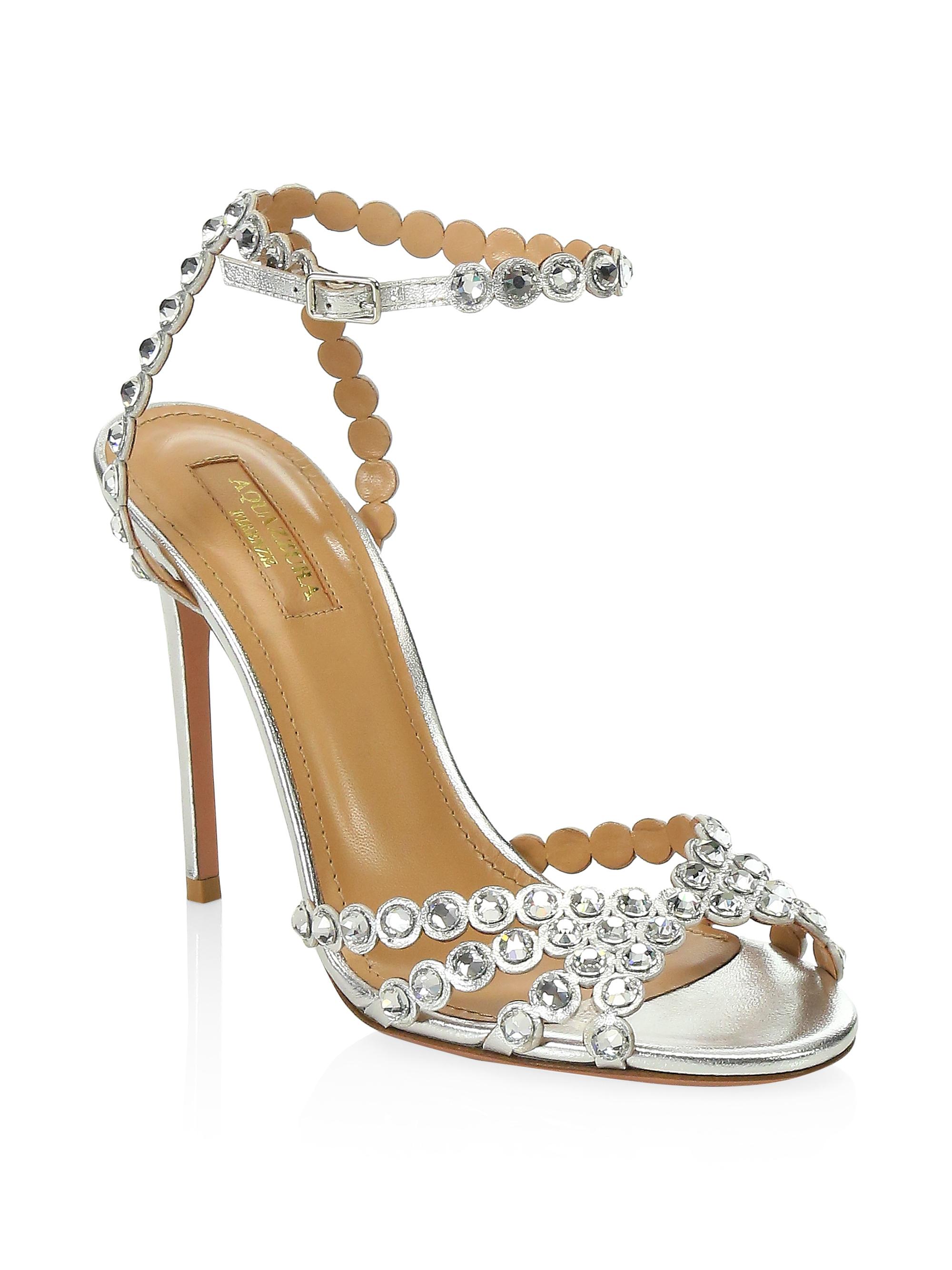 Aquazzura Women's Tequila Crystal-Embellished Metallic Leather Sandals - Silver