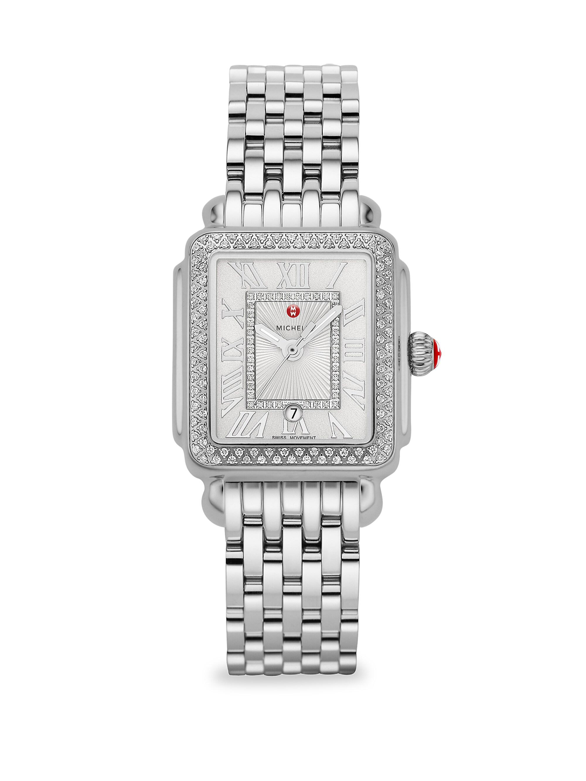 Michele Women's Deco Madison Mid Stainless-Steel Diamond Bracelet Watch - Silver