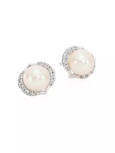 18K White Gold, Pearl & Diamond Stud Earrings