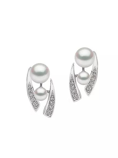 18K White Gold, Pearl & Diamond Stud Earrings