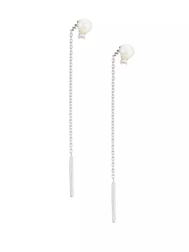 18K White Gold, 4-4.5MM White Round Freshwater Pearl & Diamond Threader Earrings