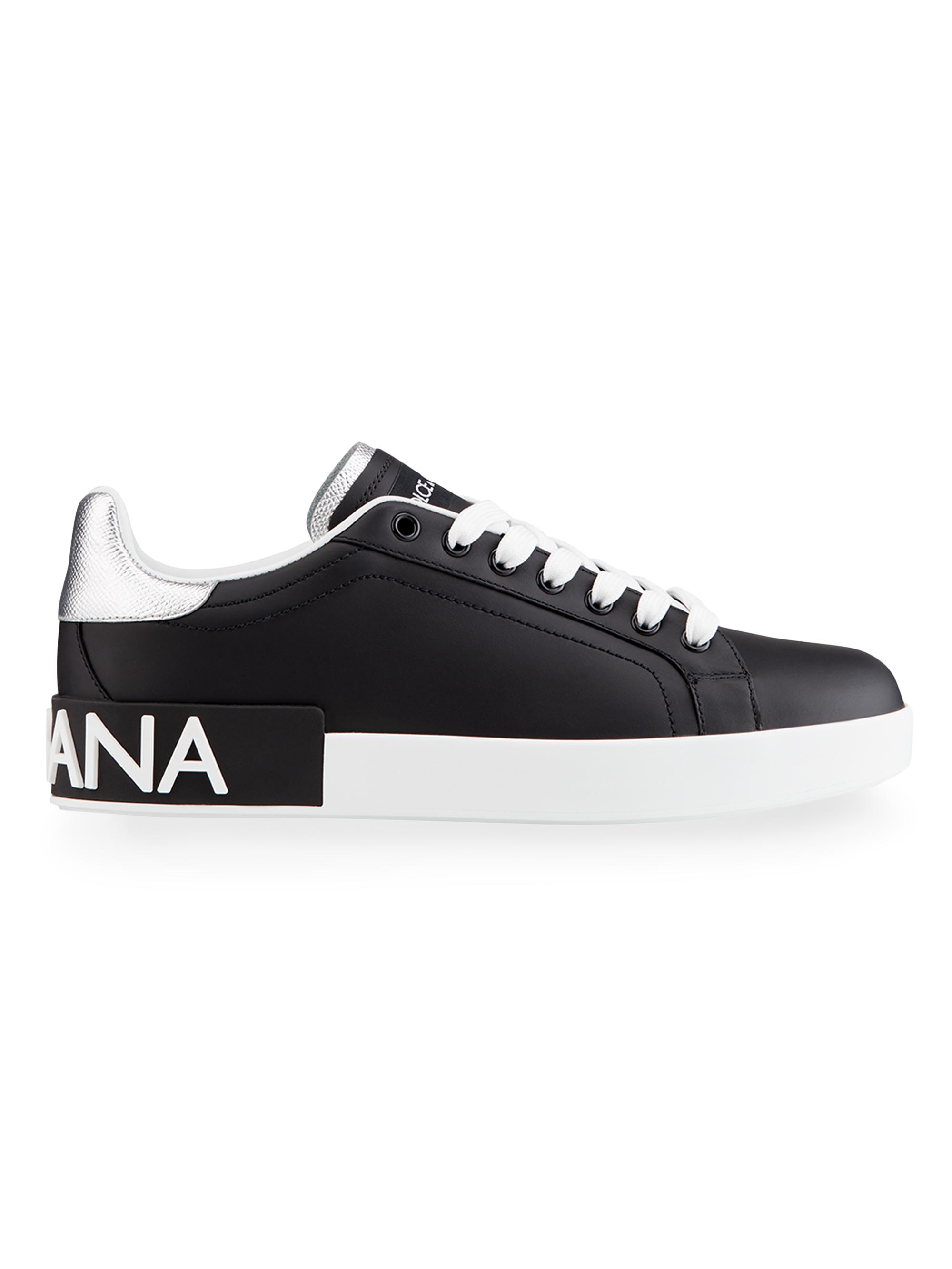 Dolce & Gabbana Women's Portofino Logo Leather Sneakers - Nero Argento
