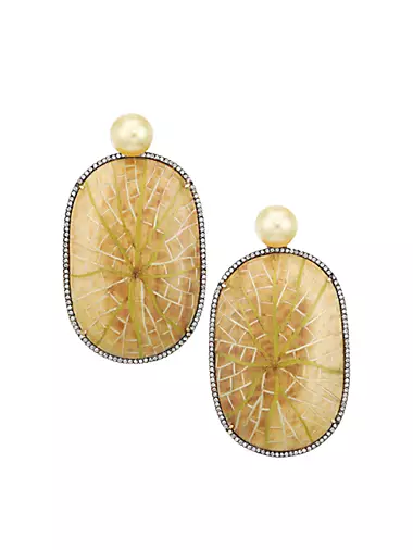 Marquetry 18K Yellow Gold, 10MM Golden Pearls & Light Brown Diamond Water Lily Earrings