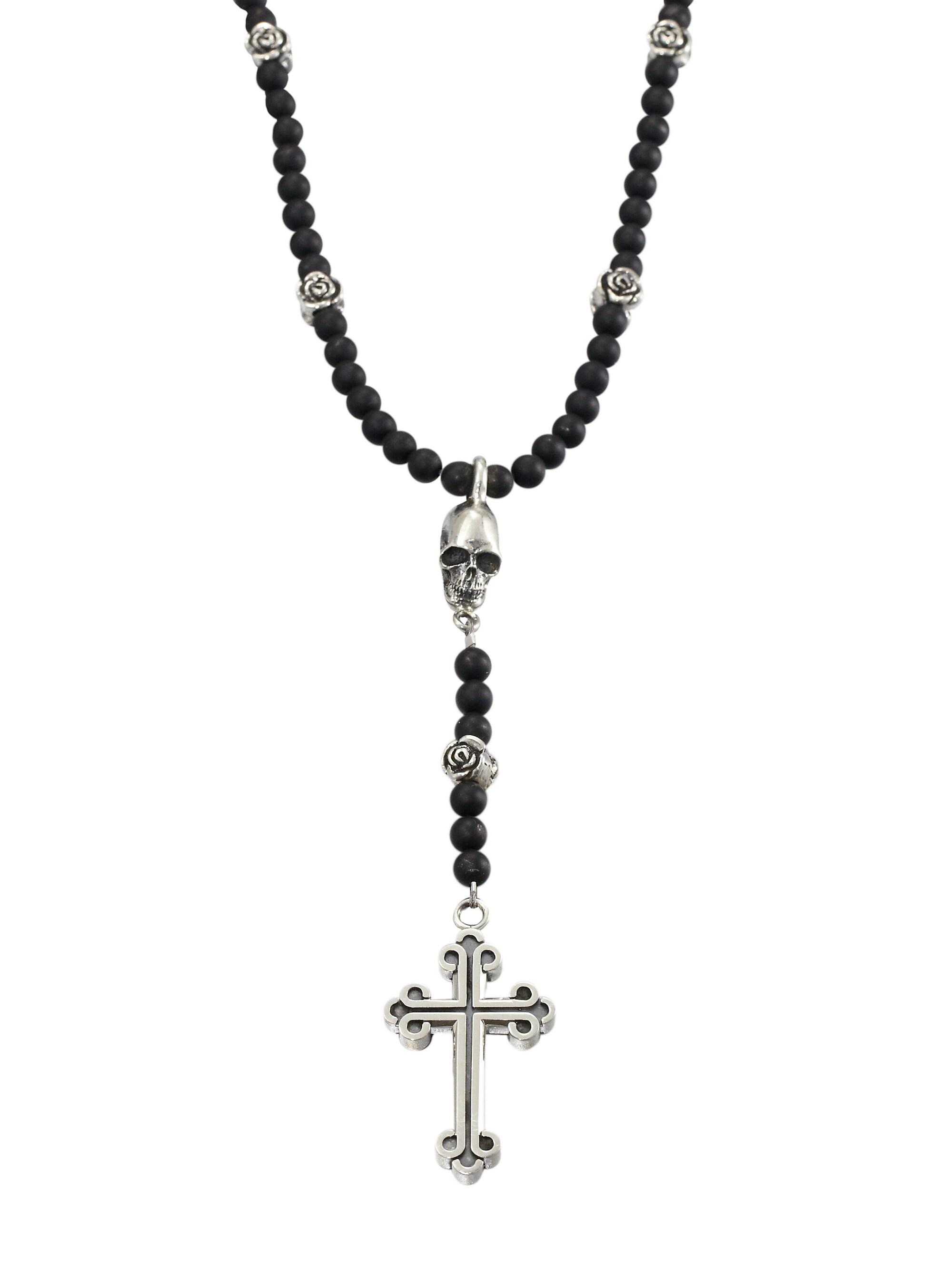 King Baby Studio Men's Onyx Beaded Rosary Necklace - Black Silver