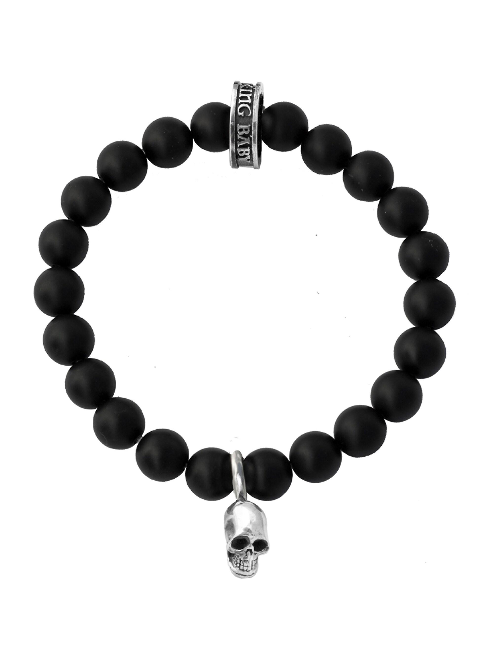 King Baby Studio Men's Onyx Sterling Silver Skull Beaded Bracelet