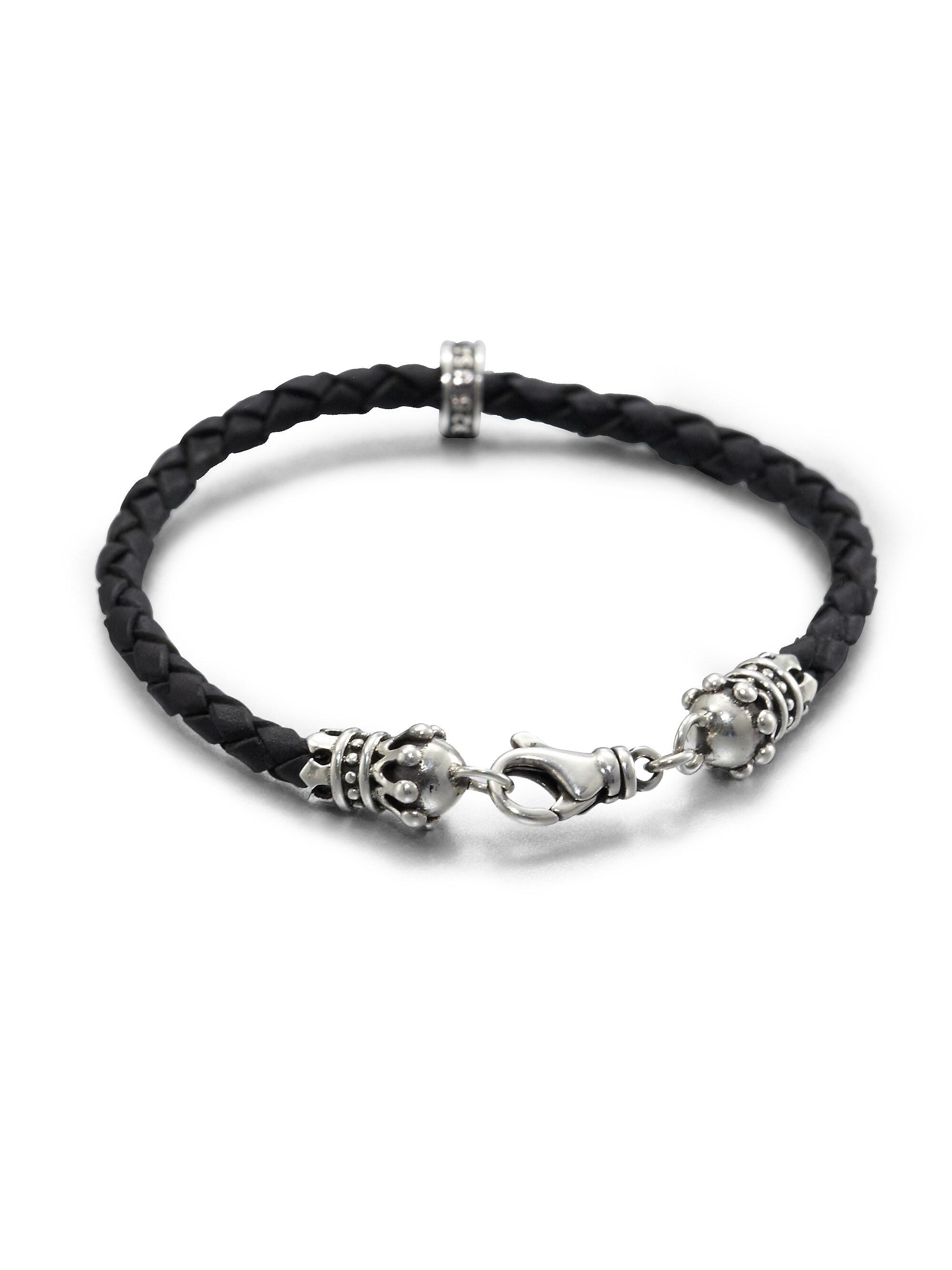 King Baby Studio Men's Leather Crown Bracelet - Silver Black