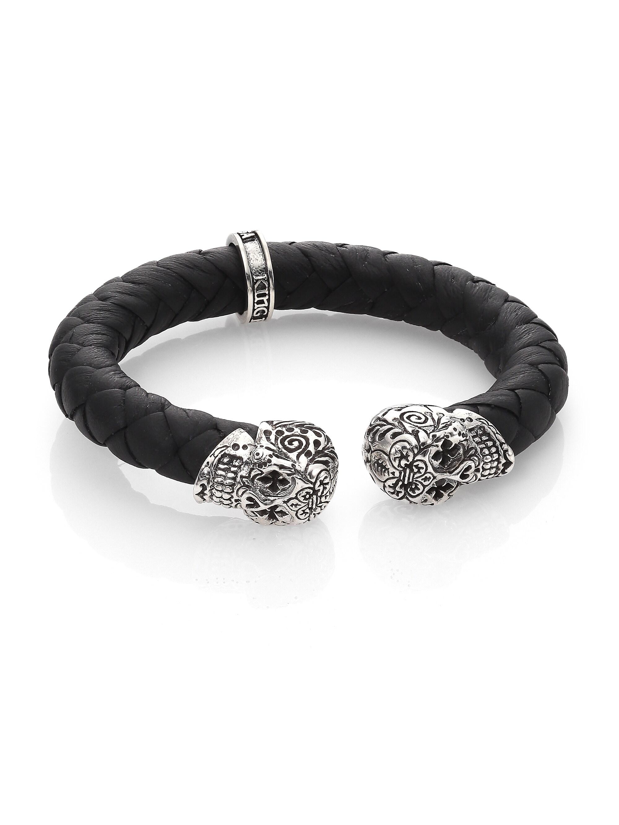 King Baby Studio Men's Leather and Sterling Silver Skull Bracelet