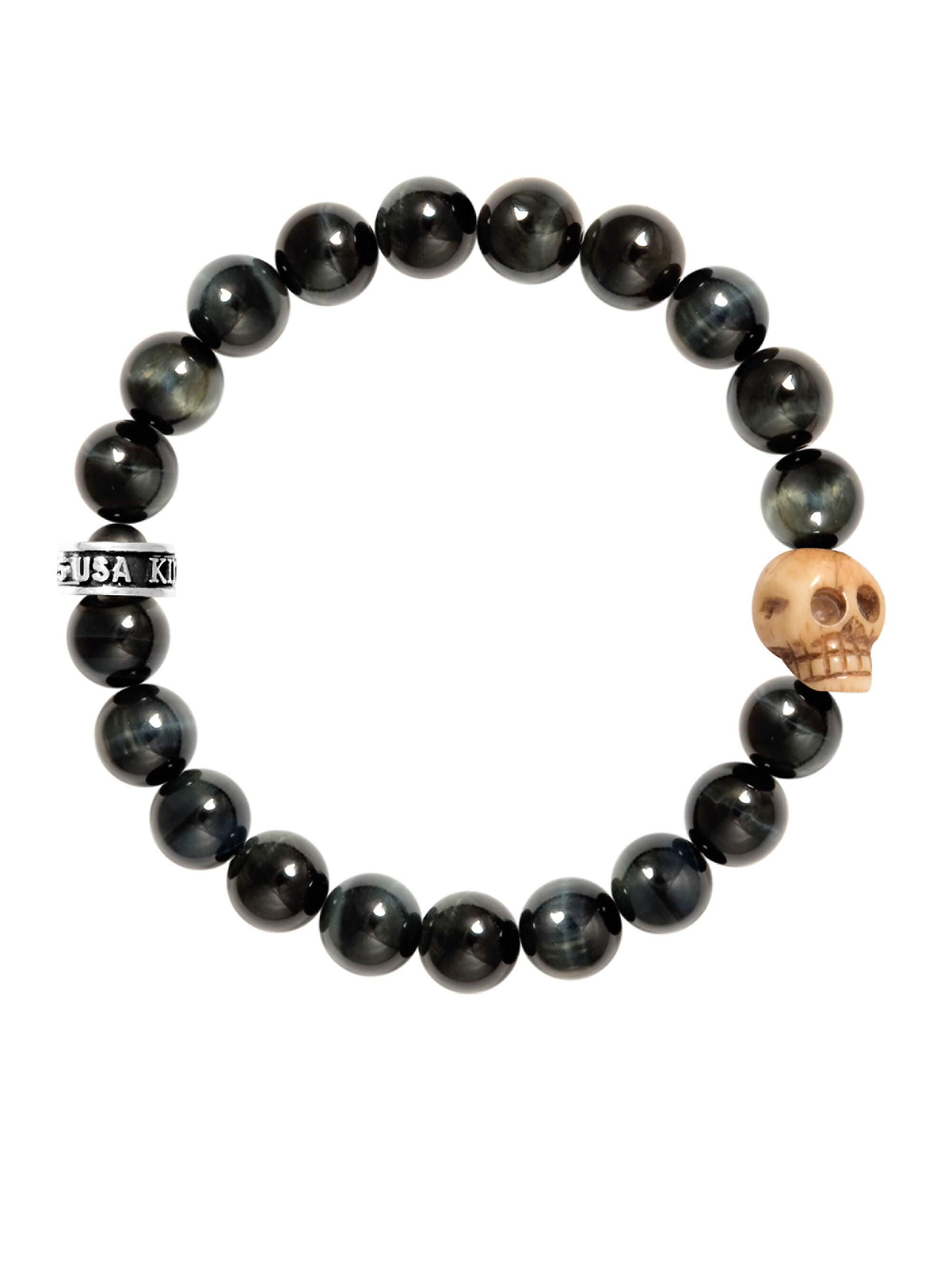 King Baby Studio Men's Tiger Eye Sterling Silver Skull Beaded Bracelet
