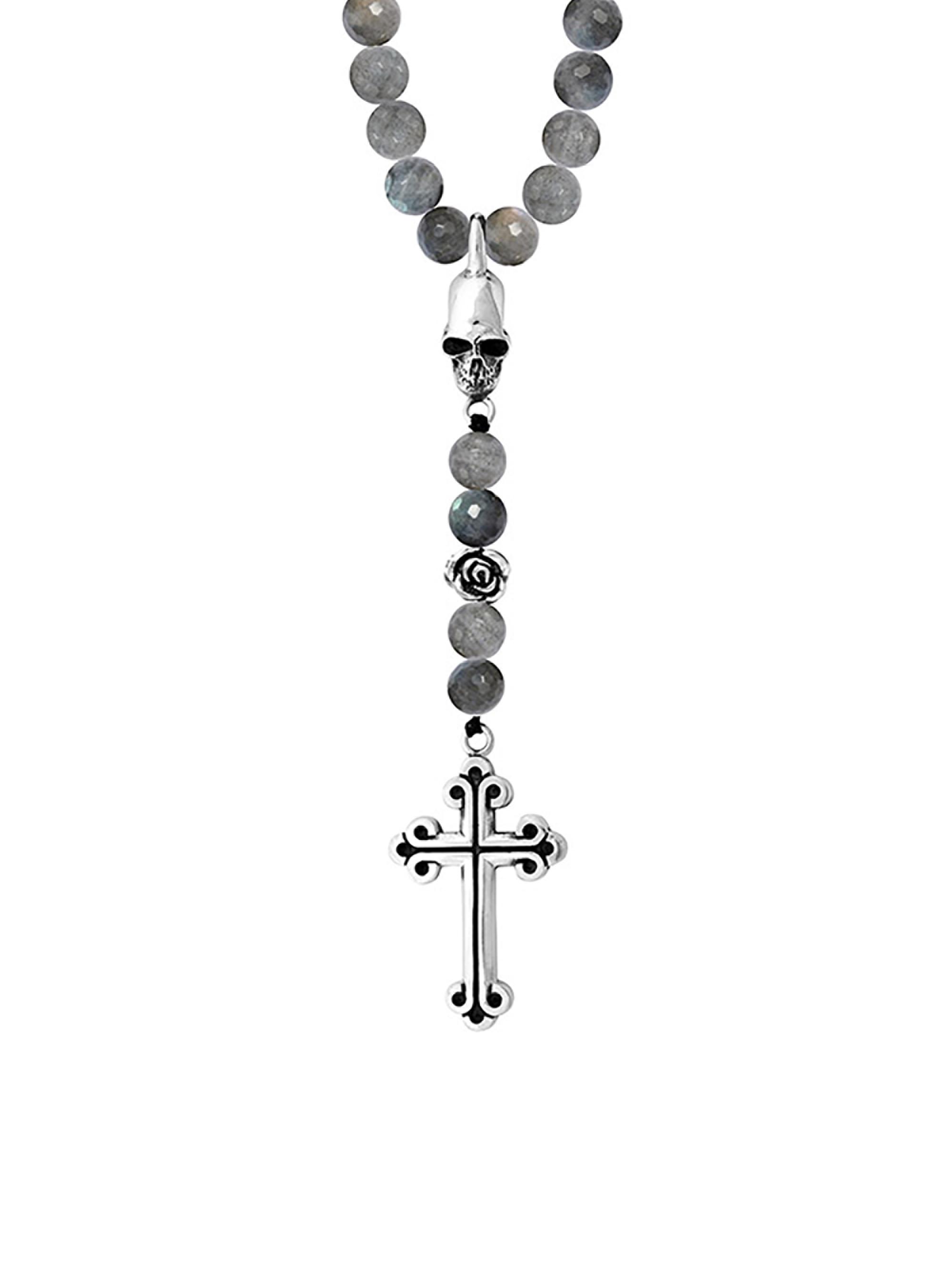King Baby Studio Men's Sterling Silver Skull Traditional Cross Rosary - Silver