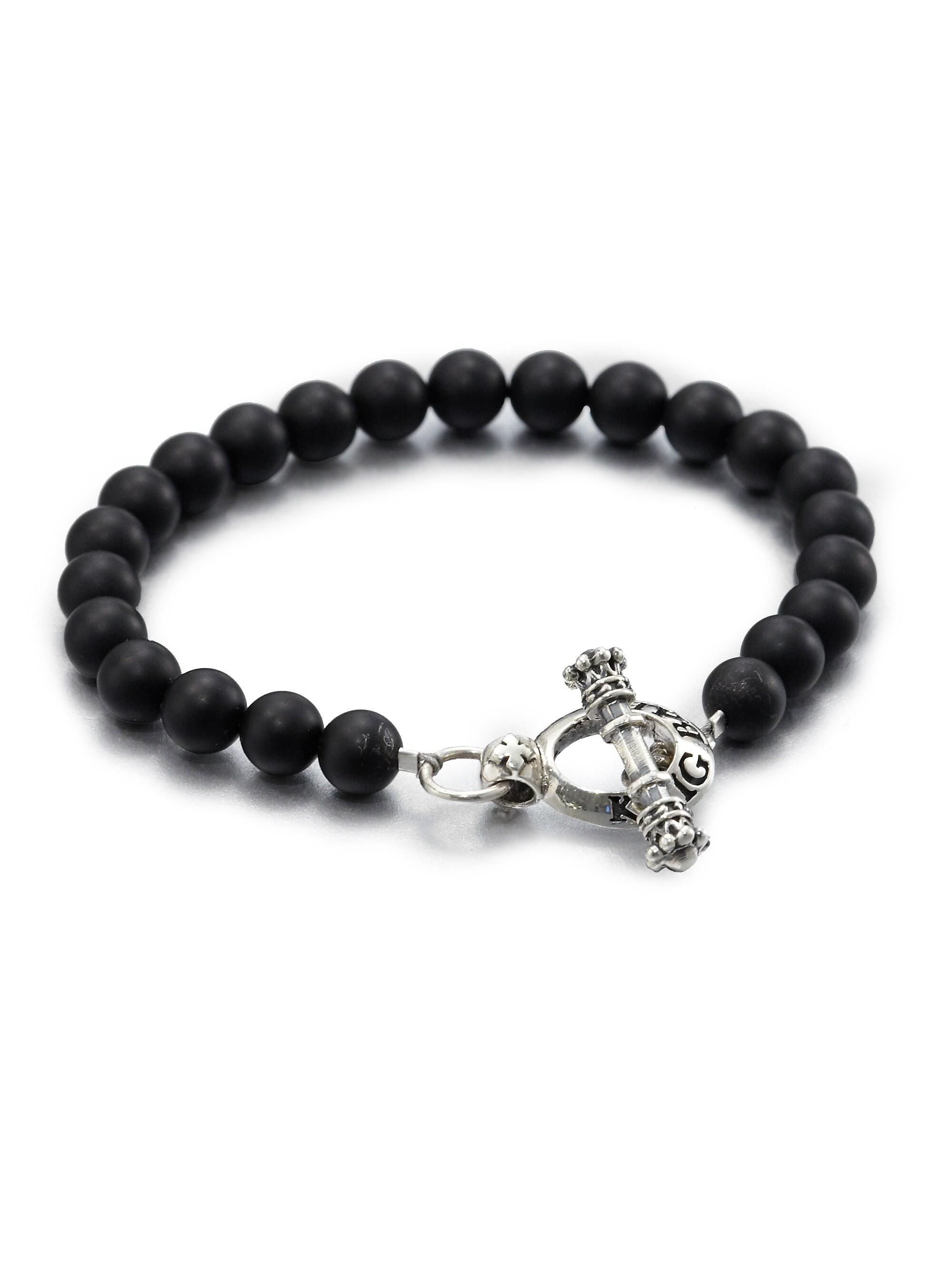 King Baby Studio Men's Black Onyx Beaded Bracelet - Silver