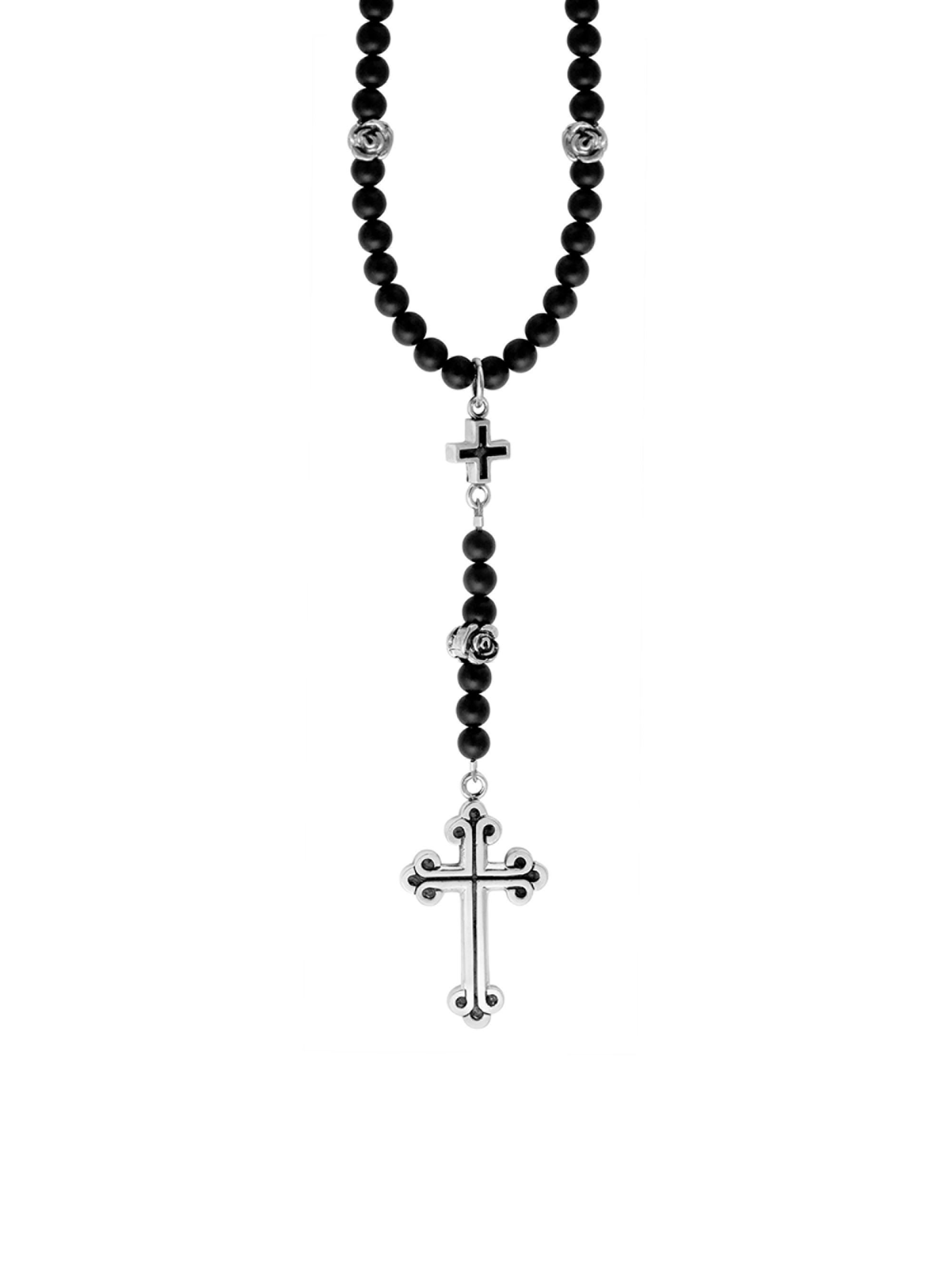 King Baby Studio Men's Onyx Sterling Silver Beaded Cross Rosary - Silver Black