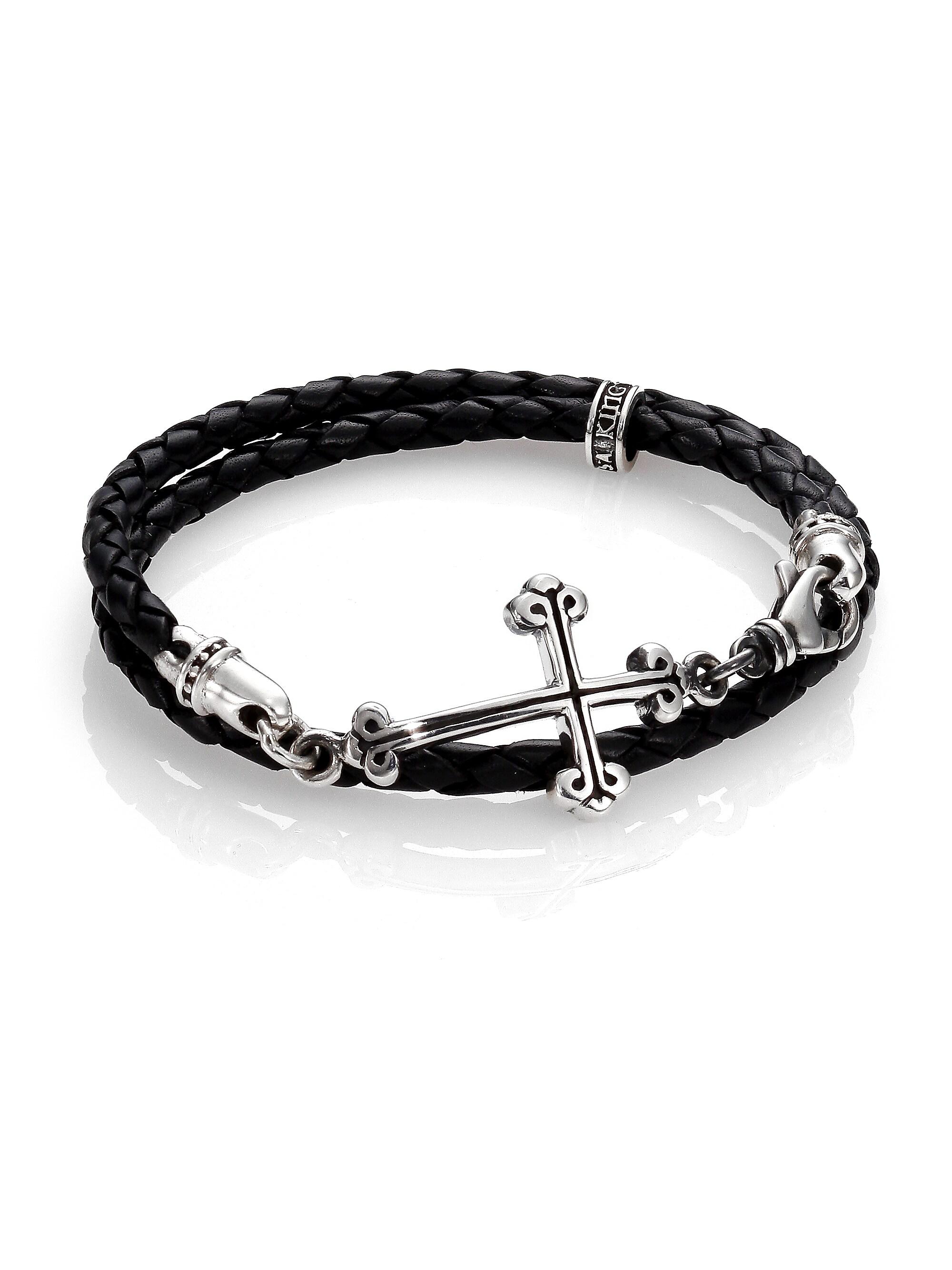 King Baby Studio Men's Cross Double-Wrap Leather Bracelet - Black Silver