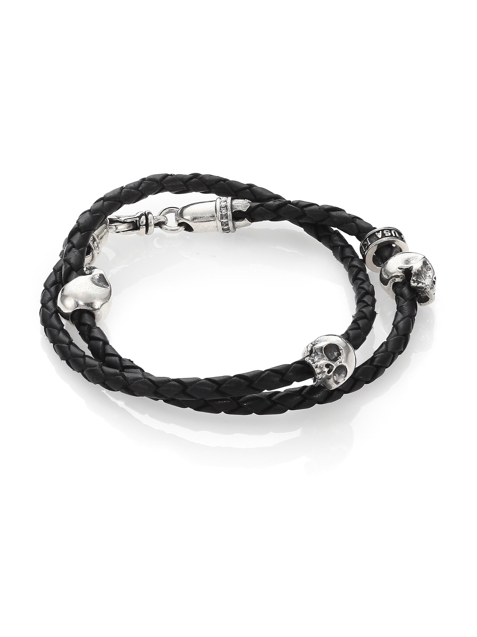 King Baby Studio Men's Thin-Braided Double Wrap Leather Bracelet - Black