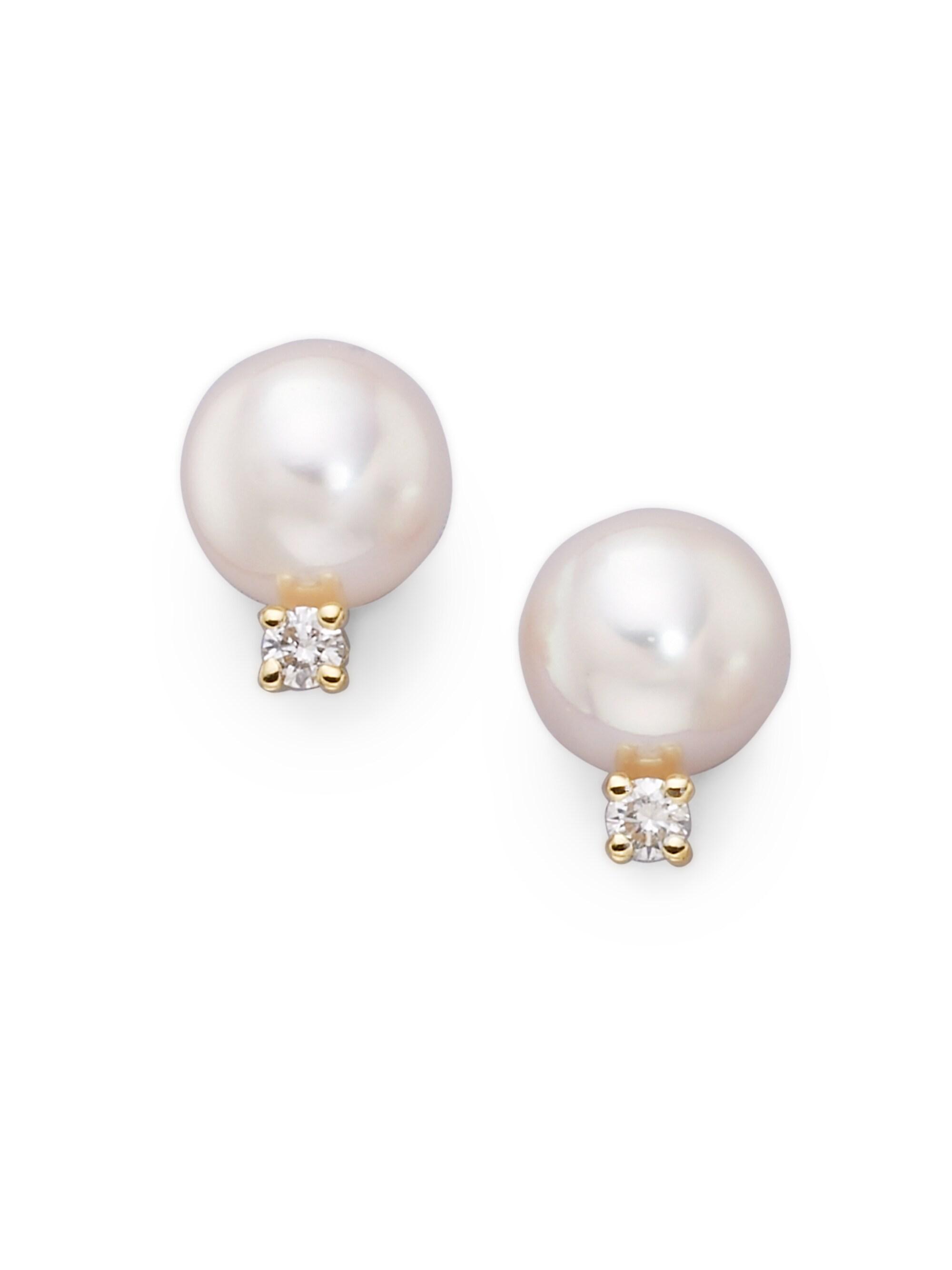Mikimoto Women's 6MM White Cultured Akoya Pearl, Diamond & 18K Yellow Gold Earrings - Pearl