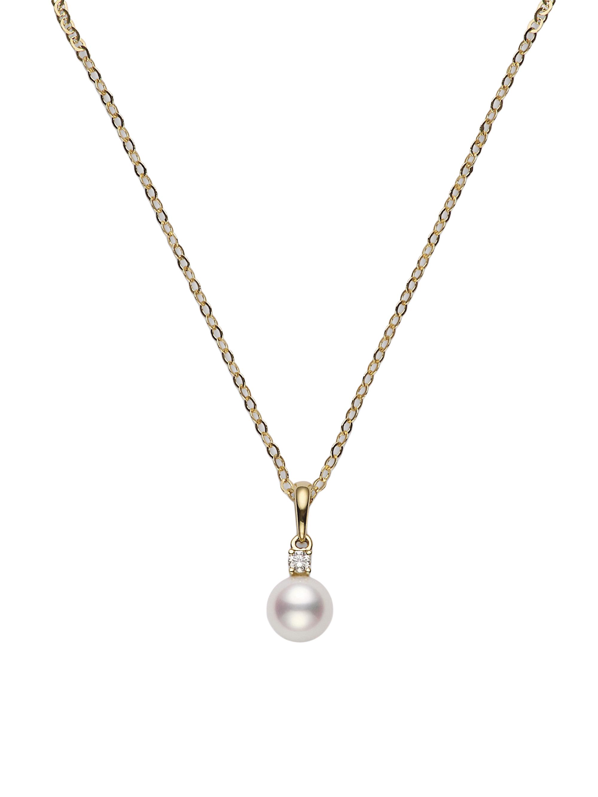 Mikimoto Women's 18K Yellow Gold, 6MM White Cultured Akoya Pearl & Diamond Pendant Necklace