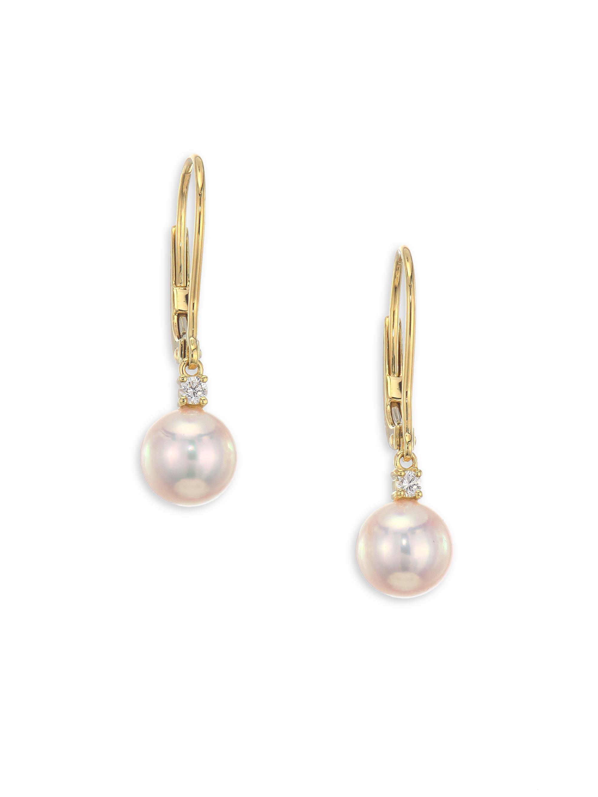 Mikimoto Women's 7MM White Cultured Akoya Pearl, Diamond & 18K Yellow Gold Leverback Earrings - Pearl