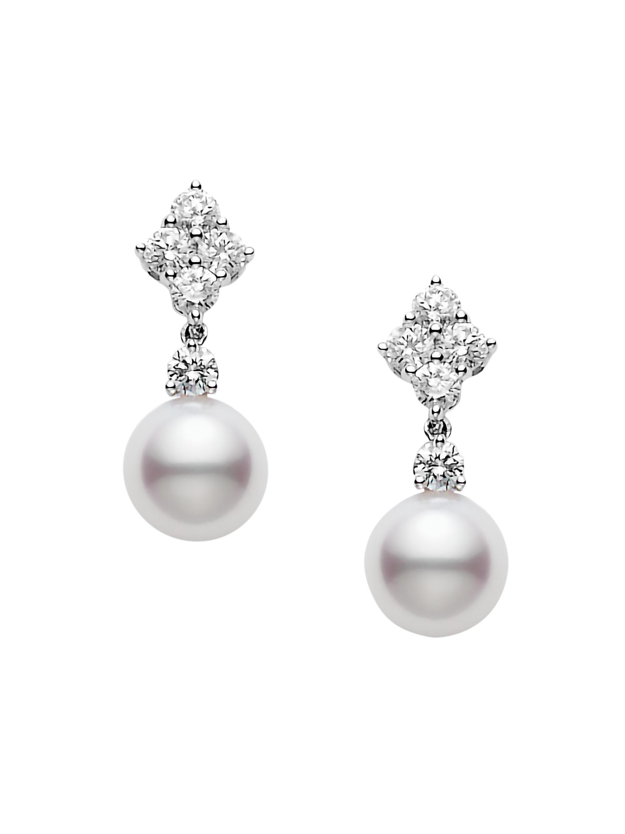 Mikimoto Women's 7.5MM White Cultured Akoya Pearl, Diamond & 18K White Gold Drop Earrings - Pearl