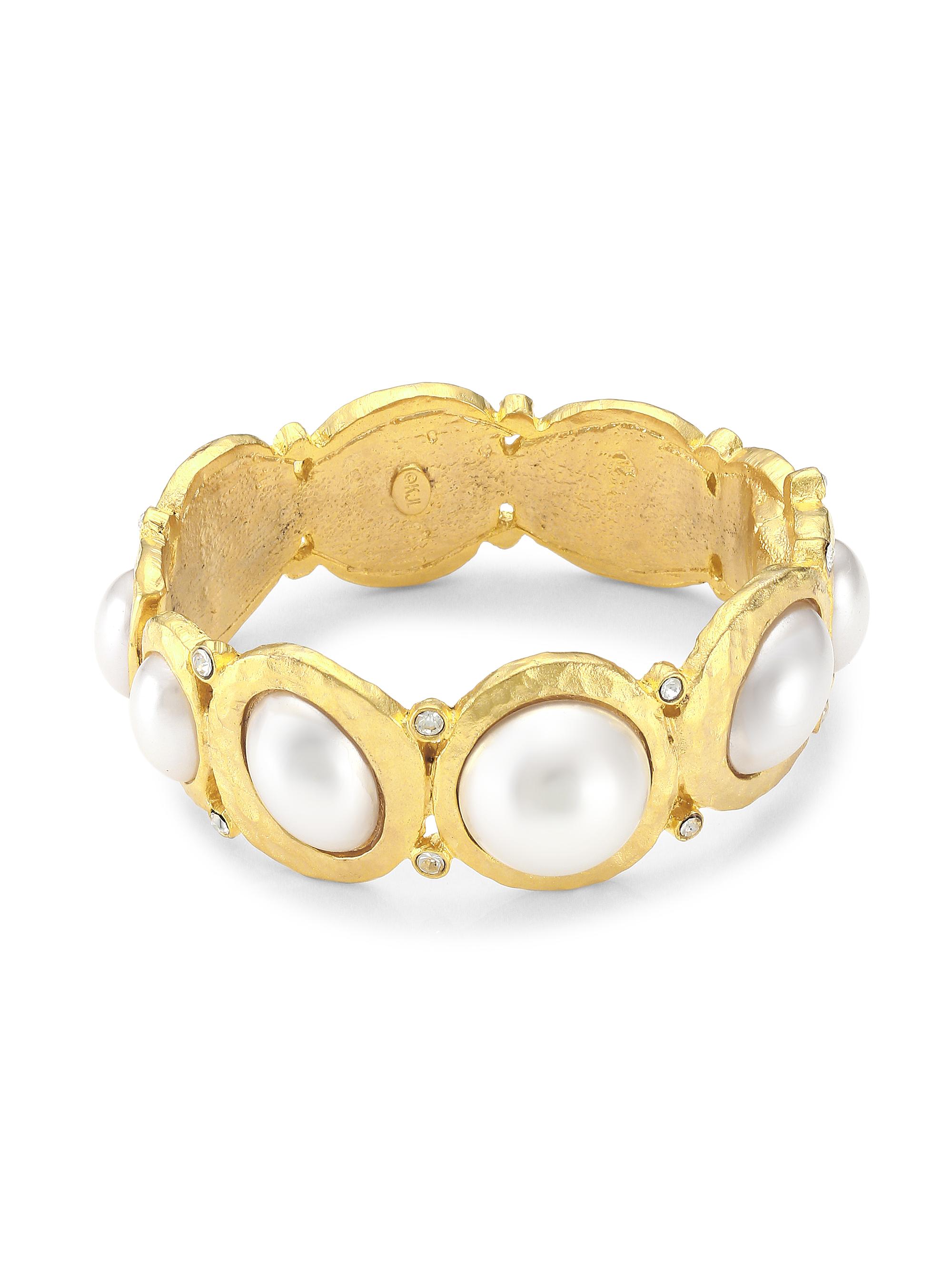 Kenneth Jay Lane Women's Satin Goldplated, Faux Pearl Cabochon & Crystal Hinged Bangle - Satin Gold White Pearl