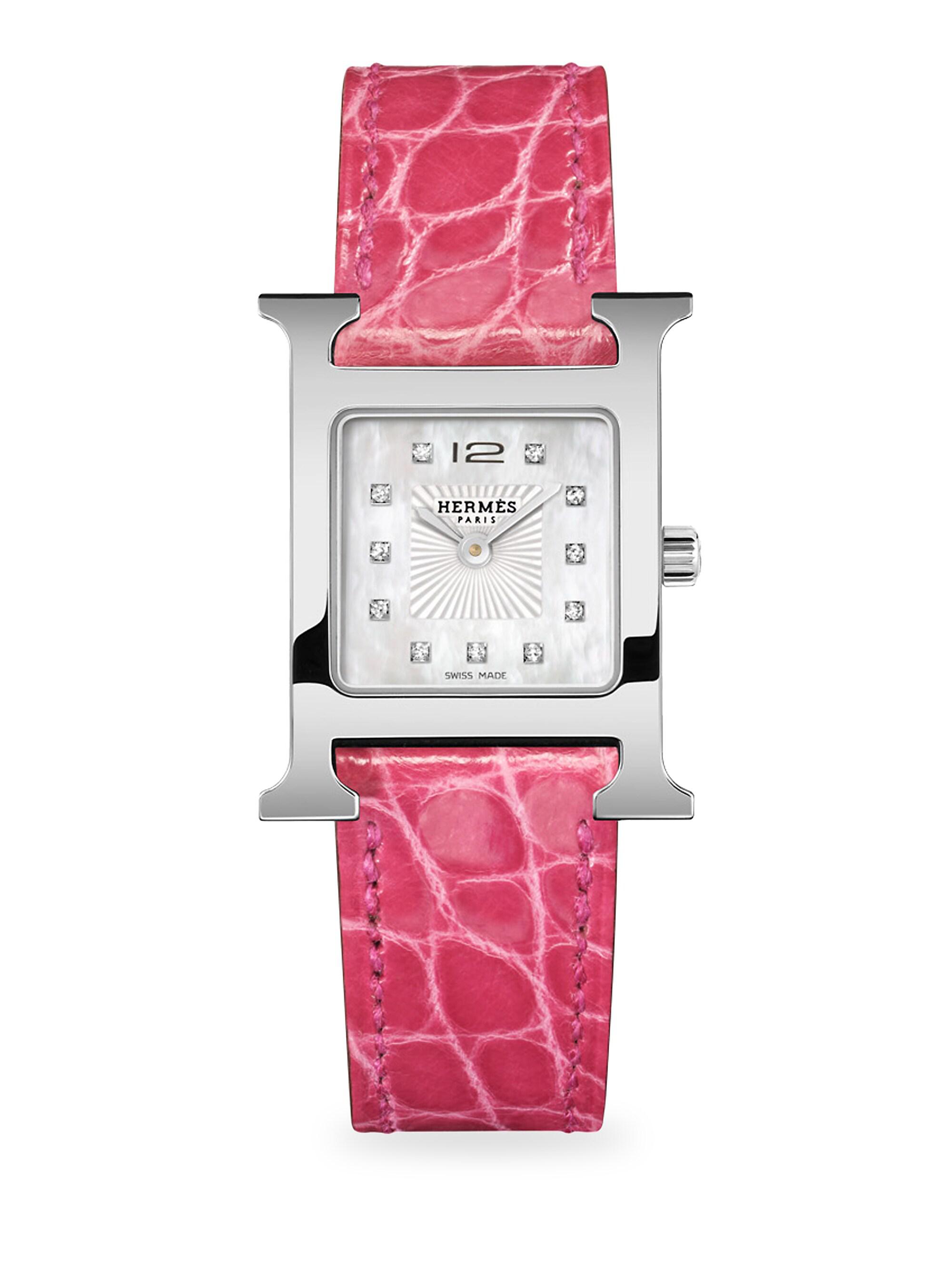 HERMÈS Women's Heure H 25MM Stainless Steel & Alligator Strap Watch - Raspberry