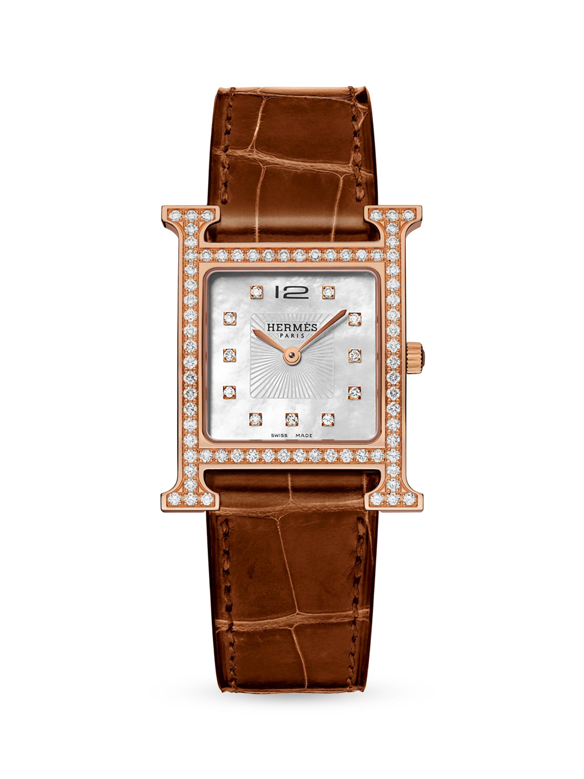 HERMÈS Women's Heure H Diamond 30 MM 18K Rose Gold & Alligator Strap Watch - Rose Gold
