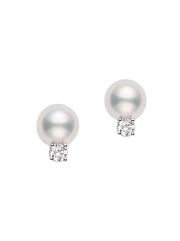 Essential Elements 18K White Gold, 6MM White Cultured Pearl & Diamond Stud Earrings