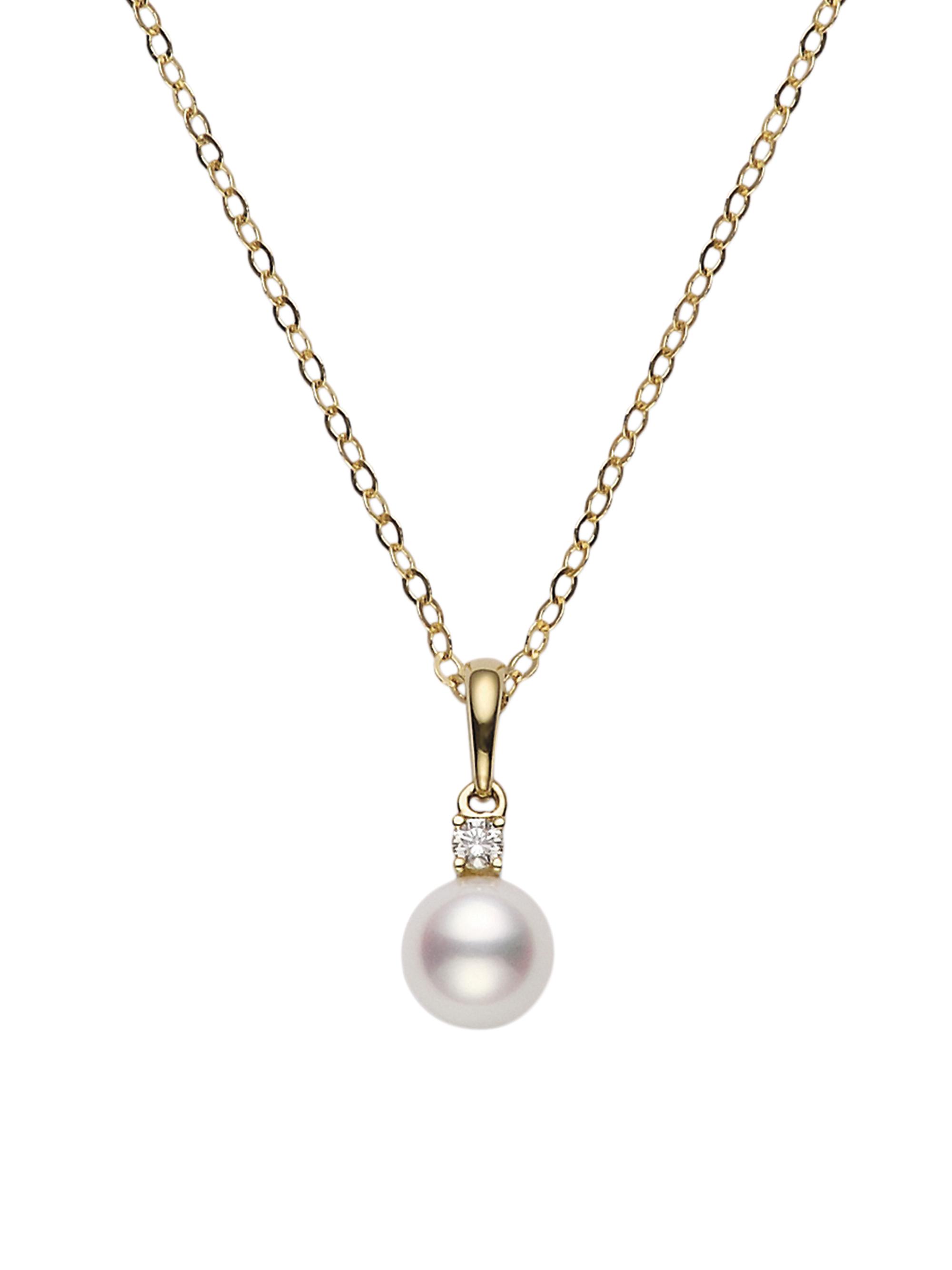 Mikimoto Women's Essential Elements 18K Yellow Gold, 7MM White Cultured Pearl & Diamond Pendant Necklace - Yellow Gold