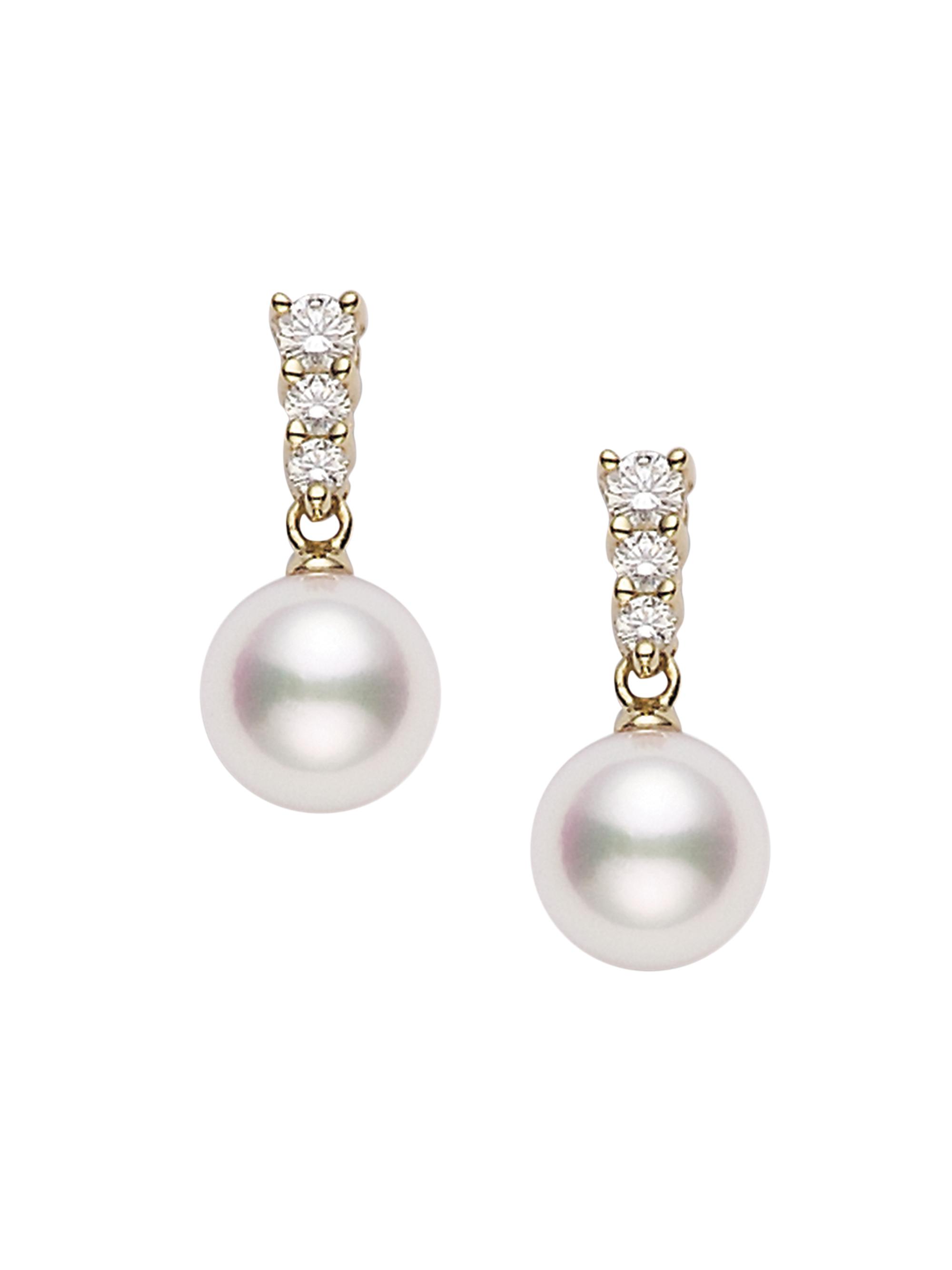 Mikimoto Women's Morning Dew 18K Yellow Gold, 8MM White Cultured Pearl & Diamond Drop Earrings - Pearl