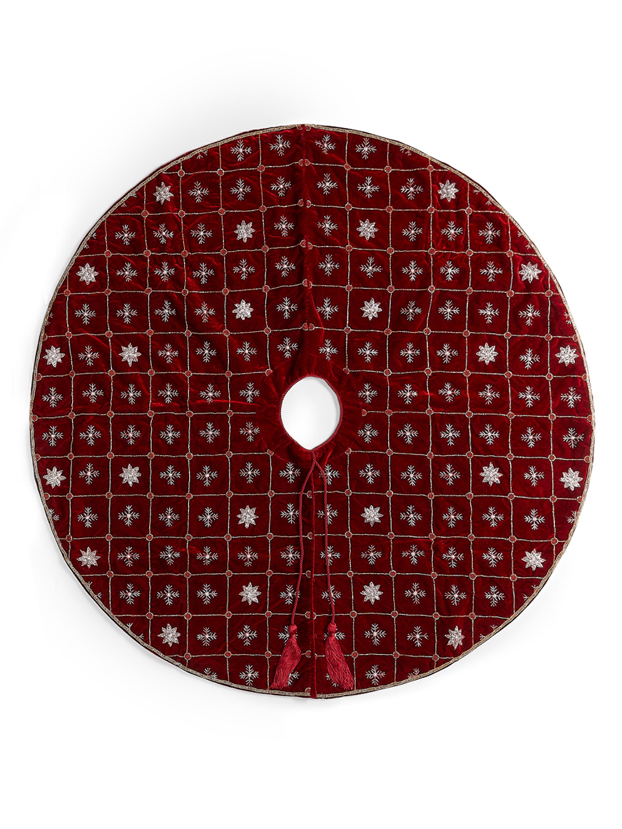 Sudha Pennathur Snowflake Embroidered Velvet Tree Skirt - Red