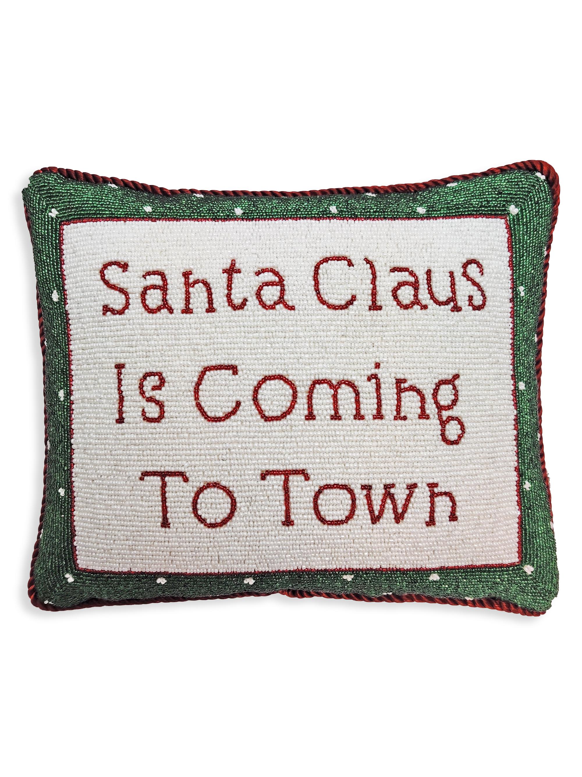 Sudha Pennathur Hand Embroidered Fully Beaded Santa Claus Is Coming To Town Pillow
