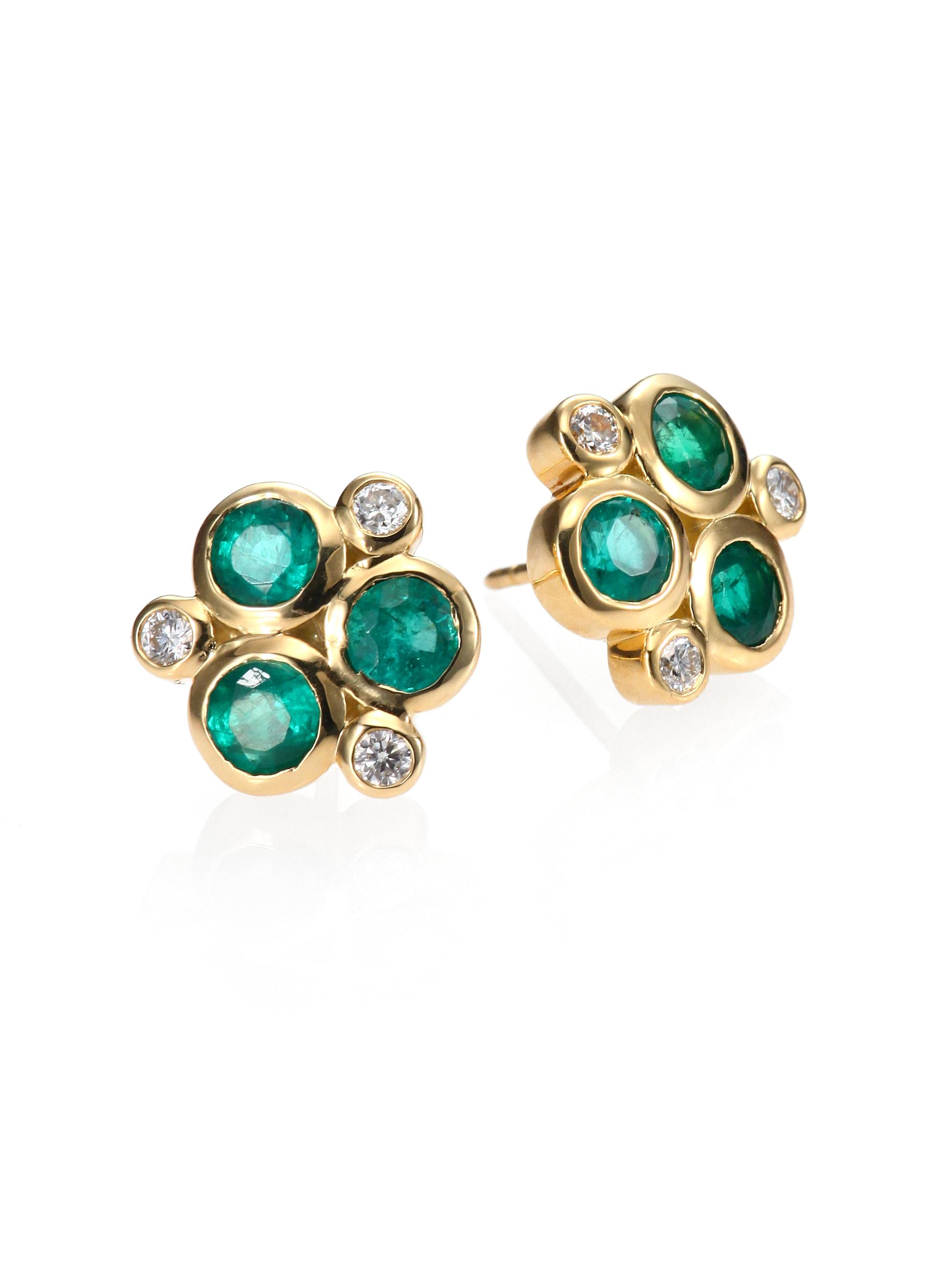 Temple St. Clair Women's Classic Color Emerald, Diamond & 18K Yellow Gold Trio Earrings - Emerald